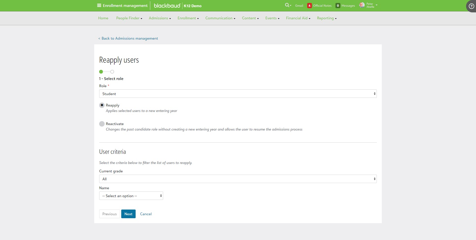 The first step of the Reapply Users process: Select role
